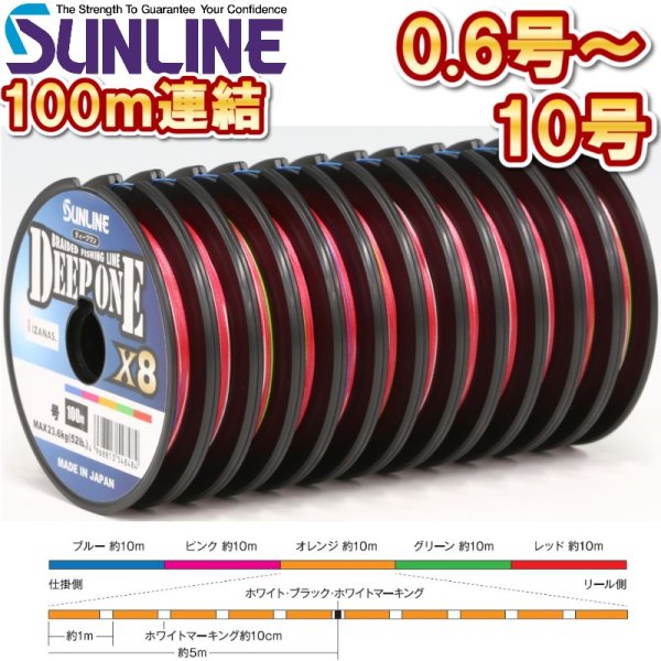 画像1: サンライン 0.6号〜10号 ディープワン×8 100m連結 5色分け マルチカラー 日本製 国産8本組PEライン DEEP ONE x8 (2025年新製品 4月発売) 予約