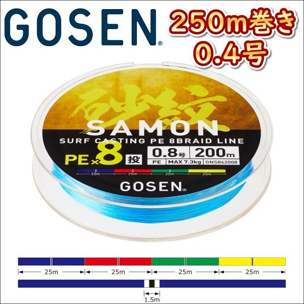 ゴーセン 砂紋 PE×8 0.4号 250m巻き 4色分け サモン x8ブレイド 投げ用 日本製 国産 8本組PEライン